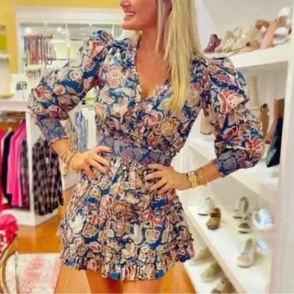 Anthropologie Love The Label Puff Sleeve Dress Smocked Paisley Small $275 - Picture 2 of 11